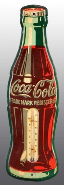 EMBOSSED TIN COCA-COLA BOTTLE THERMOMETER.        
