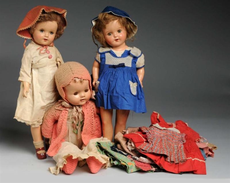LOT OF 3: COMPOSITION DOLLS & ADDITIONAL CLOTHING 