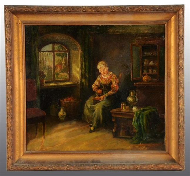 OIL PAINTING OF WOMAN WORKING A COFFEE GRINDER.   