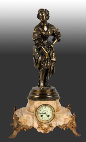 BRASS & MARBLE MANTLE CLOCK WITH LADY.            