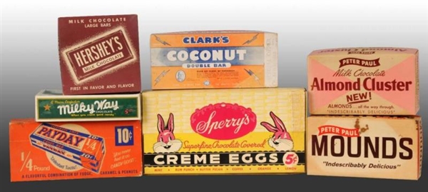 LOT OF 7: CARDBOARD ASSORTED CANDY BOXES.         