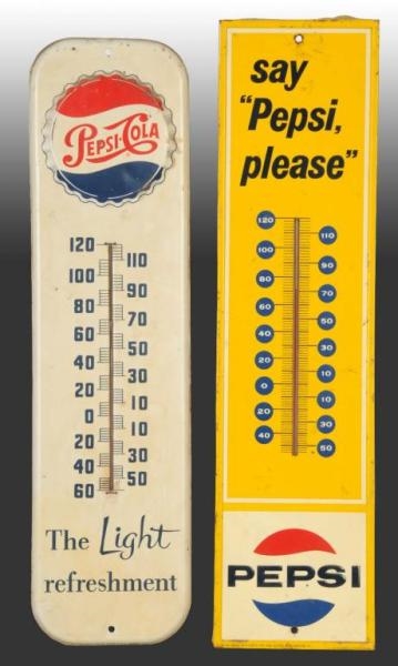 LOT OF 2: TIN PEPSI-COLA THERMOMETERS.            