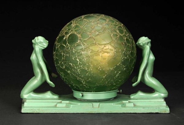 FRANKART NUDE CAST METAL LAMP WITH GREEN SHADE.   