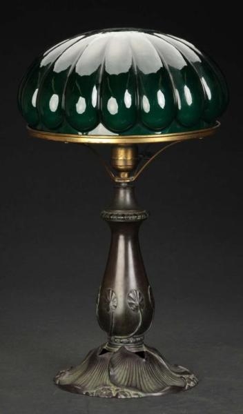 BRONZE ELECTRIC LAMP BASE WITH LILY PAD SHADE.    