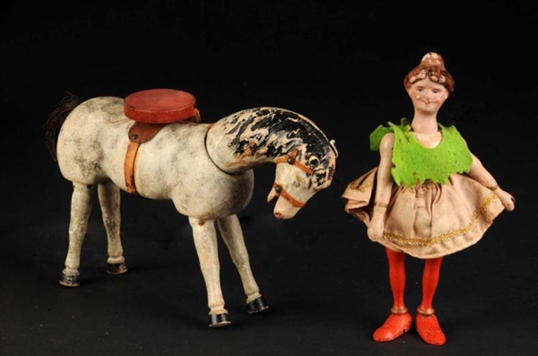SCHOENHUT ALL WOOD HORSE AND LADY RIDER.          