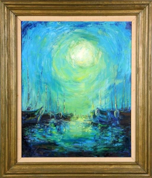 OIL ON CANVAS PAINTING OF MOONLIT SEASCAPE.       