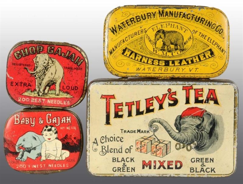 LOT OF 4: ADVERTISING TINS WITH ELEPHANT MOTIF.   