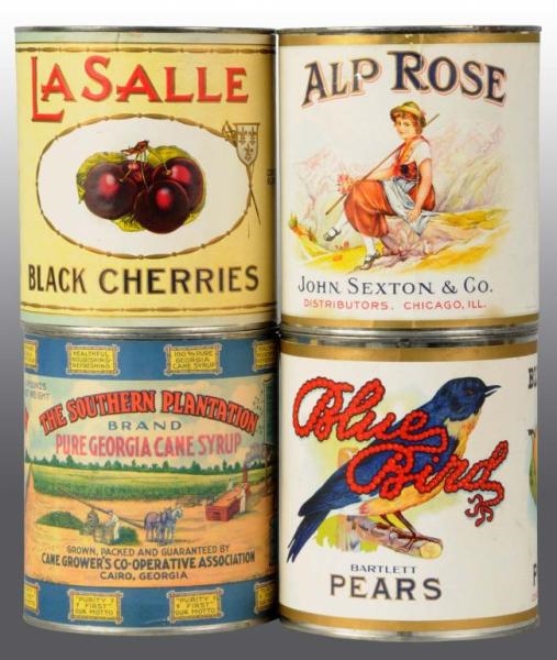 LOT OF 4: PAPER LABEL PRODUCT TINS.               