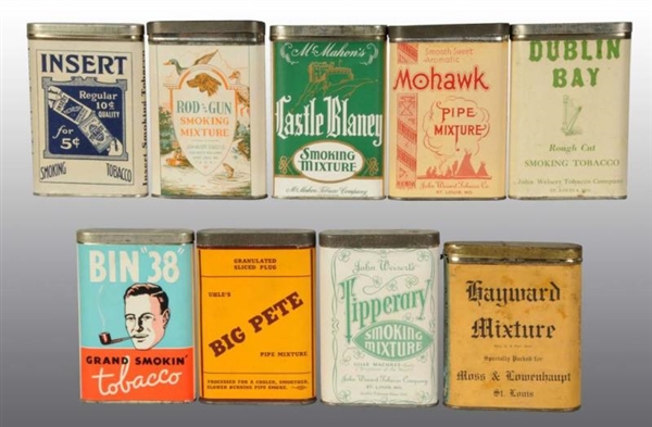 LOT OF 9: VERTICAL POCKET TINS WITH PAPER LABELS. 