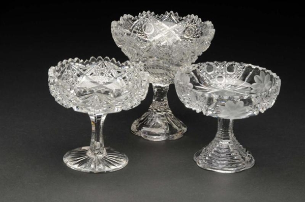 LOT OF 3: CUT GLASS PEDESTAL COMPOTES.            