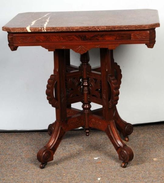 VICTORIAN BROWN MARBLE TOP TABLE.                 