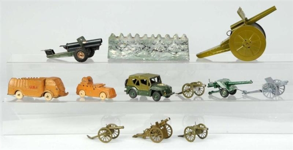 LOT OF BRITAINS & OTHER TOY CANNONS & VEHICLES.   