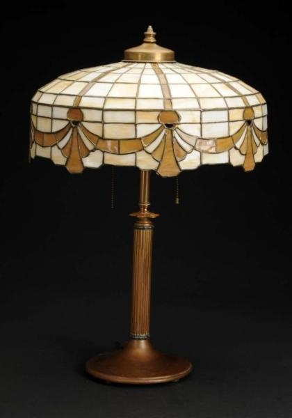 VICTORIAN LEADED GLASS LAMP IN DRAPERY DESIGN.    