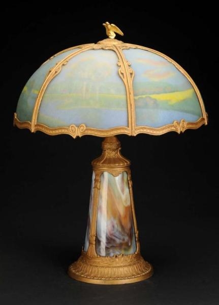 REVERSE PAINTED SCENIC VICTORIAN LAMP.            