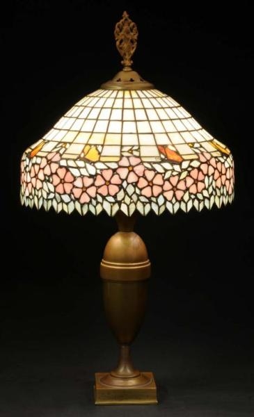 VICTORIAN LEADED GLASS LAMP WITH BUTTERFLIES.     