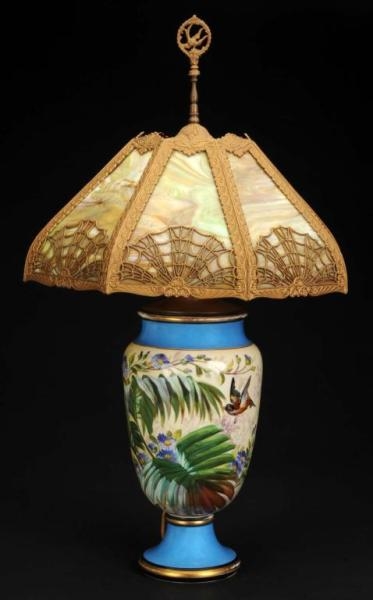 VICTORIAN SLAG GLASS LAMP WITH BEADED BORDER.     