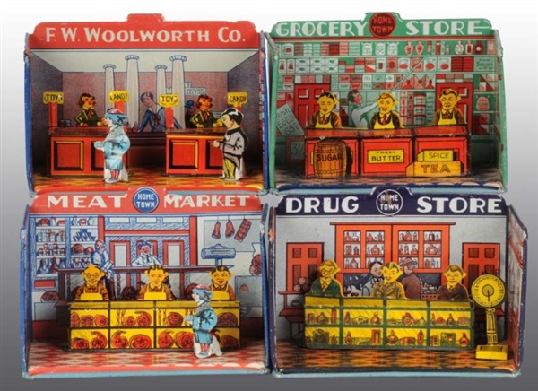LOT OF 4: TIN LITHO MARX HOME TOWN STORE TOYS.    