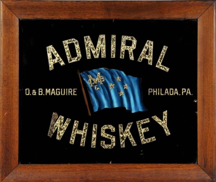 REVERSE PAINTED ADMIRAL WHISKEY SIGN.             