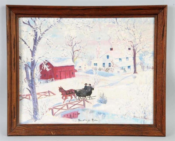 "THE SLEIGH RIDE" OIL PAINTING ON BOARD.          