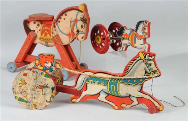 LOT OF 3: PAPER ON WOOD HORSE-DRAWN PULL TOYS.    