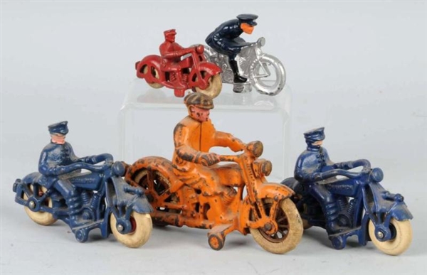 LOT OF 5: CAST IRON & METAL MOTORCYCLE TOYS.      
