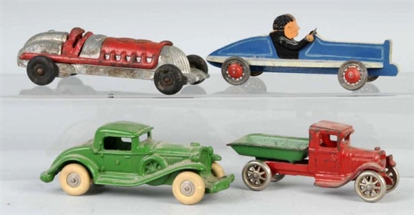 LOT OF 4: CAST IRON & WOODEN VEHICLE TOYS.        