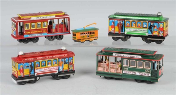 LOT OF 5: TIN LITHO TROLLEY FRICTION TOYS.        