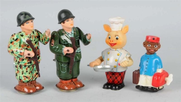 LOT OF 4: TIN & VINYL WIND-UP FIGURAL TOYS.       
