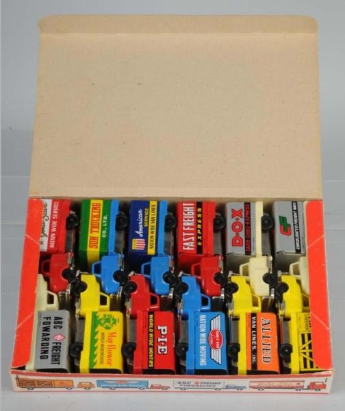 CASE BOX OF 12 FRICTION TRUCK TOYS.               