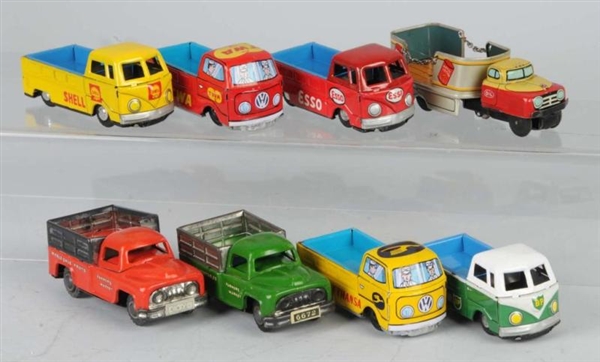 LOT OF 8: TIN TRUCK FRICTION TOYS.                