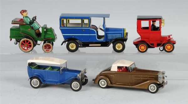 LOT OF 5: TIN OLD-TIMER CAR FRICTION TOYS.        