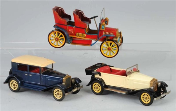 LOT OF 3: TIN OLD-TIMER CAR FRICTION TOYS.        