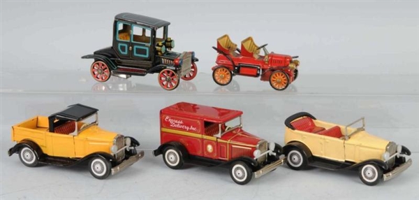 LOT OF 5: TIN OLD-TIMER FRICTION CAR TOYS.        