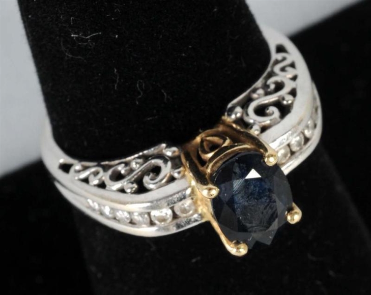10K W.GOLD RING WITH SAPPHIRE & DIAMONDS.         