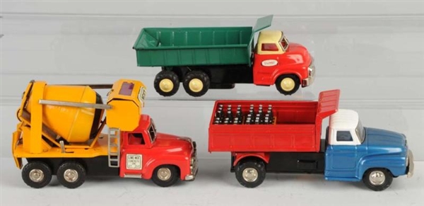 LOT OF 3: TIN TRUCK FRICTION TOYS.                