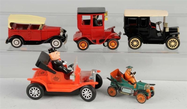LOT OF 5: TIN OLD-TIMER VEHICLE TOYS.             