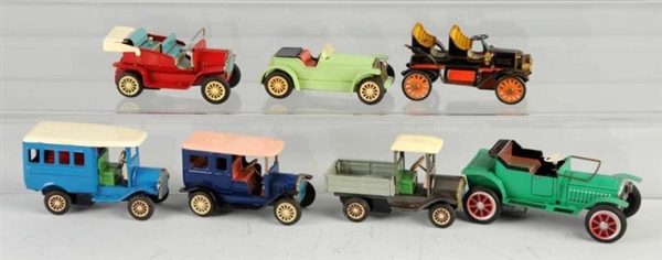 LOT OF 7: TIN OLD-TIMER VEHICLE FRICTION TOYS.    