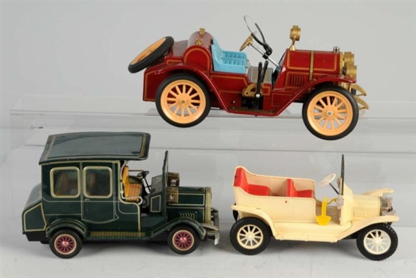 LOT OF 3: TIN OLD-TIMER AUTOMOBILE TOYS.          