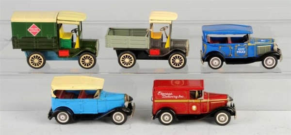 LOT OF 5: TIN OLD-TIMER VEHICLE FRICTION TOYS.    