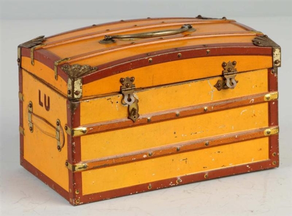 EARLY FRENCH CAMEL BACK TRUNK BISCUIT TIN.        
