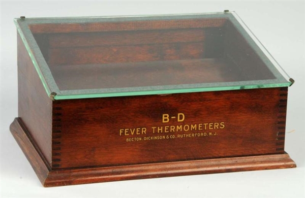 GLASS & WOOD B-D FEVER THERMOMETERS DISPLAY CASE. 
