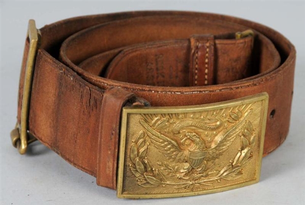 ANTIQUE LEATHER BELT WITH BRASS EAGLE BUCKLE.     