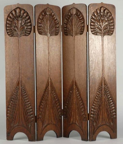 OAK 4-SECTION CARVED WOODEN SCREEN.               
