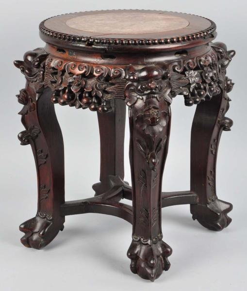 TEAK WOOD ORIENTAL STAND WITH MARBLE TOP.         
