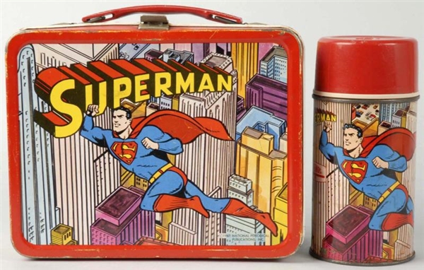 TIN SUPERMAN LUNCHBOX WITH THERMOS.               