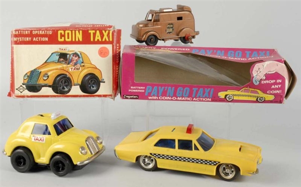 LOT OF 3: BATTERY-OPERATED CAR BANKS.             