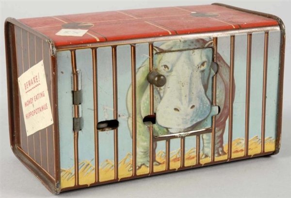 TIN HIPPO IN CAGE MECHANICAL BANK.                