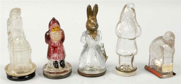 LOT OF 5 VINTAGE GLASS CHARACTER CANDY CONTAINERS 