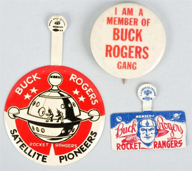 LOT OF 3: BUCK ROGERS BUTTONS & BADGES.           