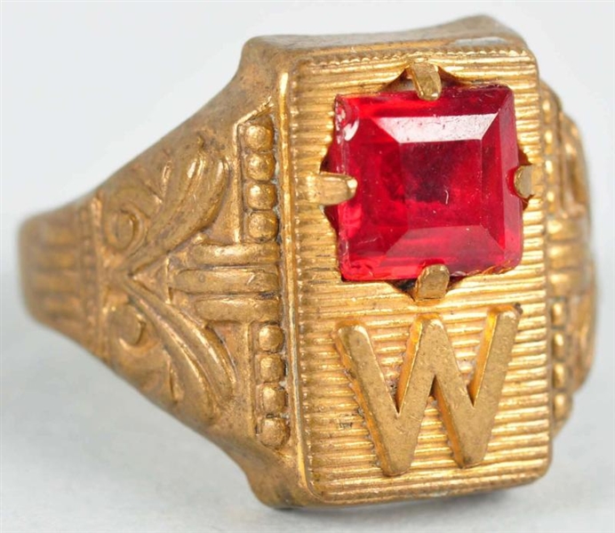 VINTAGE BUCK ROGERS INITIAL RING WITH RED STONE.  